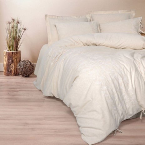 Lenjerie de pat din in si bumbac Kivora Bej - Cotton Box, 6 piese, cu broderie vegetala si fundite decorative
