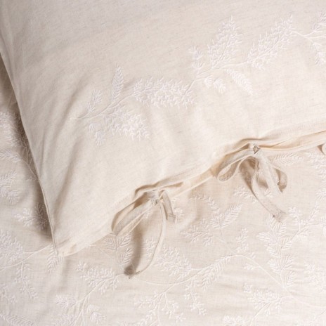 Lenjerie de pat din in si bumbac Kivora Bej - Cotton Box, 6 piese, cu broderie vegetala si fundite decorative