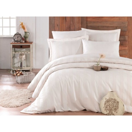 Lenjerie de pat dublu satin de lux Hobby Home Wafel Ecru, design elegant cu textură fină, 100% bumbac satinat, set 6 piese