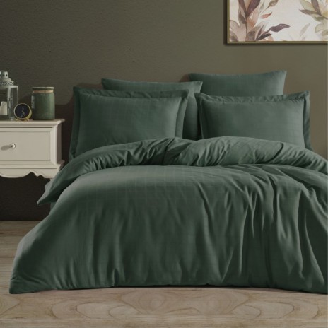 Lenjerie de pat verde, jacquard, 100% bumbac satinat, set 6 piese.