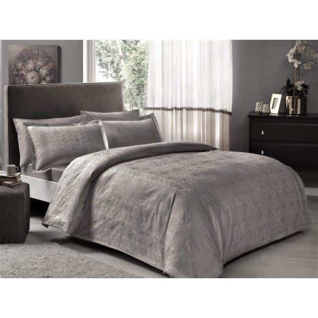 Lenjerie de pat Jacquard Nodus antracit bumbac satinat, motive complexe jacquard, 6 piese