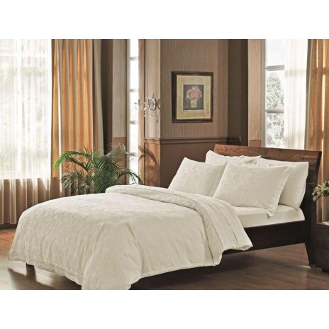 Lenjerie de pat dublu satin de lux cu design jacquard ecru, set elegant TAC în dormitor