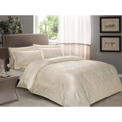 Lenjerie de pat Jacquard Daria crem bumbac satinat, motive complexe jacquard, 6 piese ​