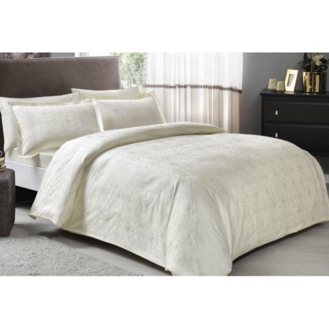 Lenjerie de pat Jacquard Nodus crem bumbac satinat, motive complexe jacquard, 6 piese