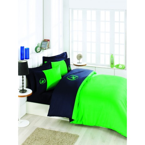 Lenjerie pat pentru 2 persoane Beverly Hills Polo Club, bumbac satinat, cod 106 - Dark Blue, Green