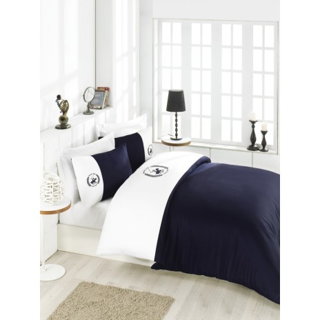 Lenjerie pat pentru 2 persoane Beverly Hills Polo Club, bumbac satinat, cod 106 - White, Dark Blue