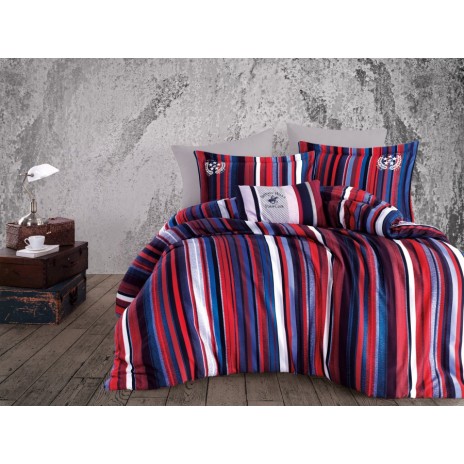 Lenjerie de pat din bumbac satin cu dungi roșii, albastre, bordo și albe, cu logo Beverly Hills Polo Club