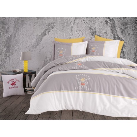 Lenjerie de pat din bumbac satin gri, alb și galben cu logo Beverly Hills Polo Club