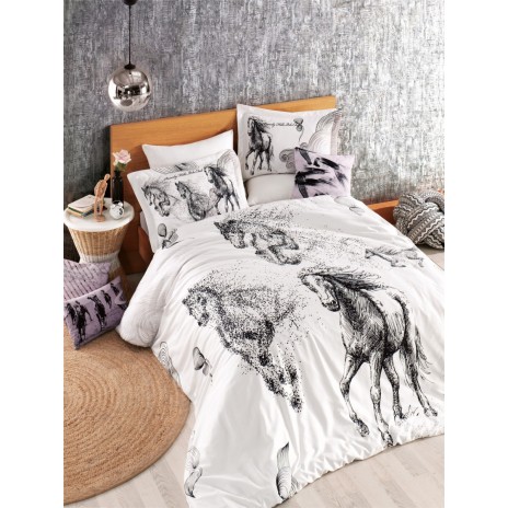Lenjerie de pat din bumbac satin alb cu imprimeuri negre artistice și logo Beverly Hills Polo Club