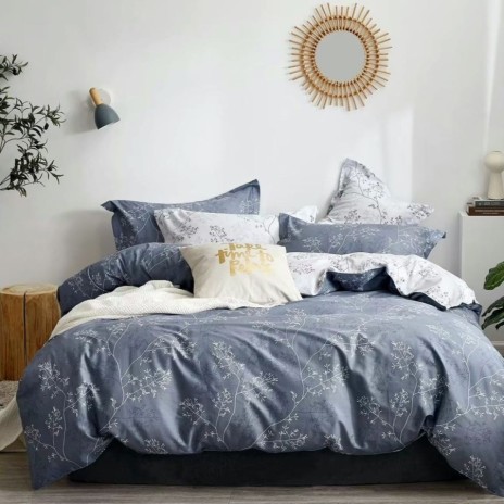 Lenjerie de pat percale crenguțe albe pe fundal gri din bumbac 100%, set 3 piese, pat de o persoană, fabricată în România
