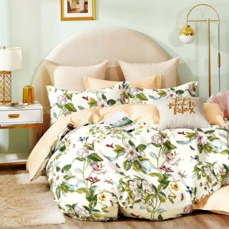 Lenjerie de pat percale flori roz, galbene și verzi din bumbac 100%, set 3 piese, pat de o persoană, fabricată în România