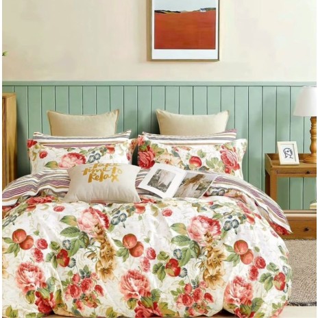 Lenjerie de pat percale flori roșii și verzi din bumbac 100%, set 3 piese, pat de o persoană, fabricată în România