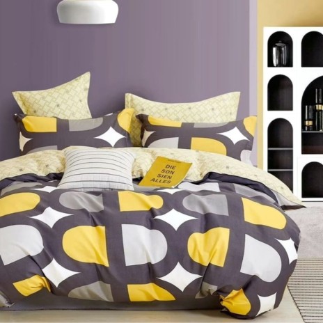 Lenjerie de pat percale forme geometrice galbene, gri și albe din bumbac 100%, set 3 piese, pat de o persoană, fabricată în România