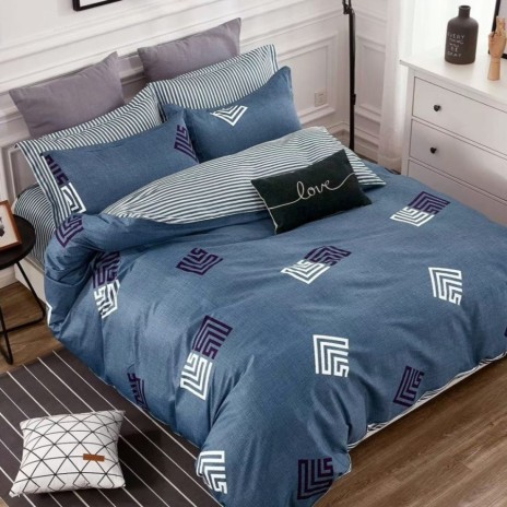 Lenjerie de pat percale albastră cu motive geometrice din bumbac 100%, set 3 piese, pat de o persoană, fabricată în România