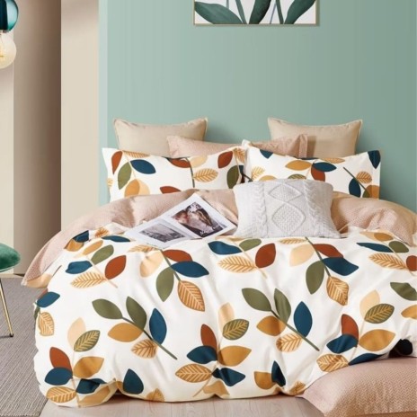 Lenjerie de pat percale cu frunze multicolore din bumbac 100%, set 3 piese, pat de o persoană, fabricată în România