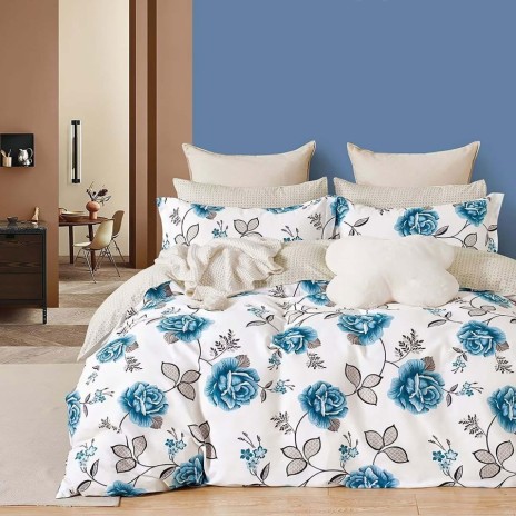 lenjerie de pat floral albastru, alb, bumbac 100