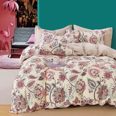 Lenjerie de pat percale cu model floral multicolor din bumbac 100%, set de 3 piese.