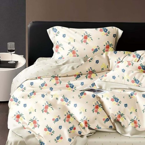 Lenjerie de pat percale cu model floral multicolor din bumbac 100%, set de 3 piese.