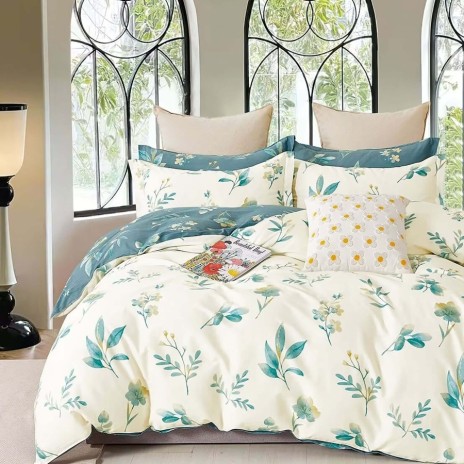 Lenjerie de pat percale cu flori albastre din bumbac 100%, set de 3 piese.