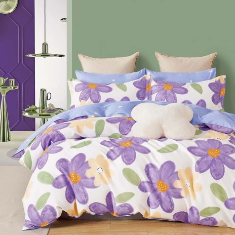 Lenjerie de pat percale cu flori violet din bumbac 100%, set de 3 piese.