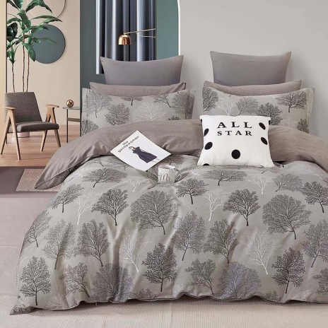 Lenjerie de pat percale copaci negri și gri pe fond gri deschis, set de 3 piese, pat de 1 persoană, bumbac 100%, fabricată în România