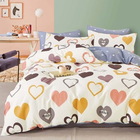 Lenjerie de pat percale inimi multicolore pe fond crem, set de 3 piese, pat de 1 persoană, bumbac 100%, fabricată în România