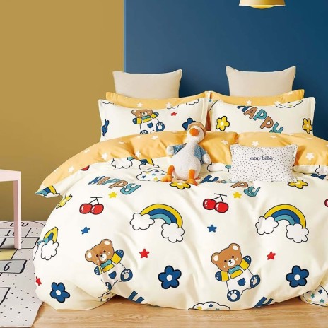 Lenjerie de pat percale ursuleți, curcubee și flori pe fond crem, set de 3 piese, pat de 1 persoană, bumbac 100%, fabricată în România