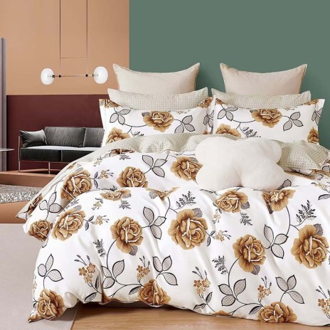 Lenjerie de pat percale trandafiri maro pe fond alb, set de 3 piese, pat de 1 persoană, bumbac 100%, fabricată în România