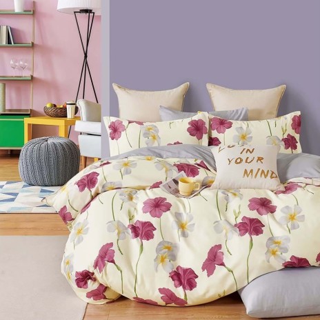 Lenjerie de pat percale flori roz și galbene pe fond crem, set de 3 piese, pat de 1 persoană, bumbac 100%, fabricată în România