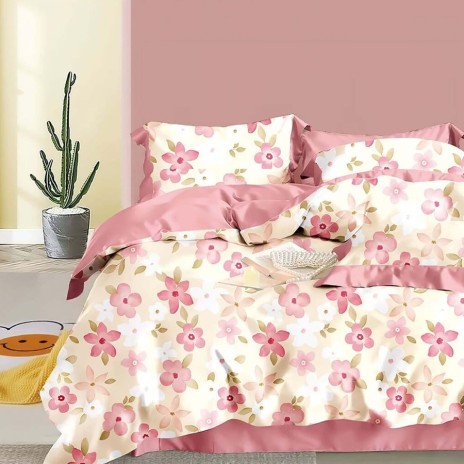 Lenjerie de pat percale flori roz pe fond alb, set de 3 piese, pat de 1 persoană, bumbac 100%, fabricată în România