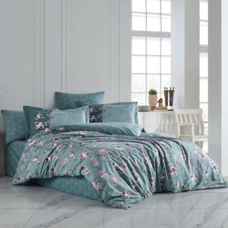 Lenjerie de pat dublu din poplin percale Hobby Home cu design floral elegant în nuanțe de verde și roz