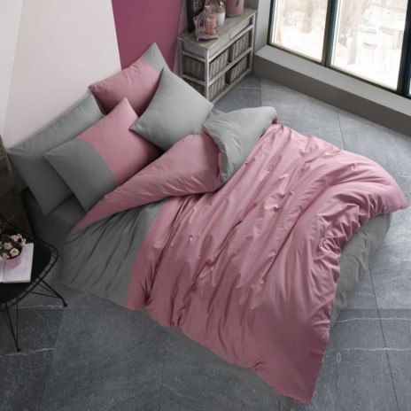 Lenjerie de pat bicoloră roz prăfuit și gri, din bumbac 100%, Diamond Dusty Rose, set de 4 piese