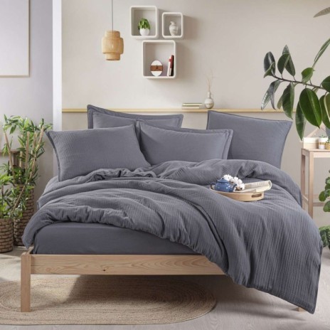 Lenjerie de pat din muselina si bumbac satinat antracit, 100% bumbac , design elegant si respirabil