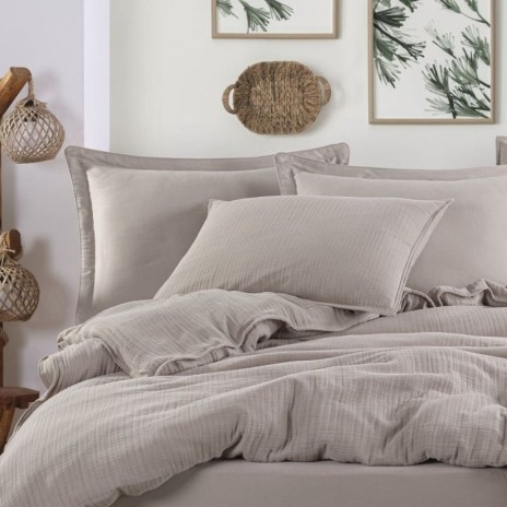 Lenjerie de pat din muselina si bumbac satinat Cappuccino, 100% bumbac , design elegant si respirabil