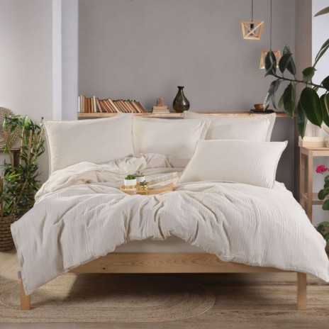 Lenjerie de pat din muselina si bumbac satinat Crem, 100% bumbac , design elegant si respirabil