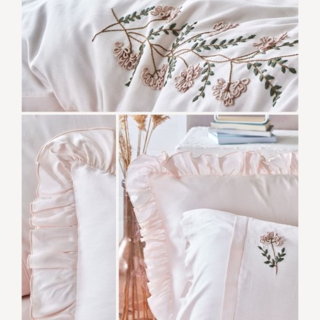 Lenjerie de pat premium din satin de lux, model Issel Roz, cu broderie rafinată și volane elegante.