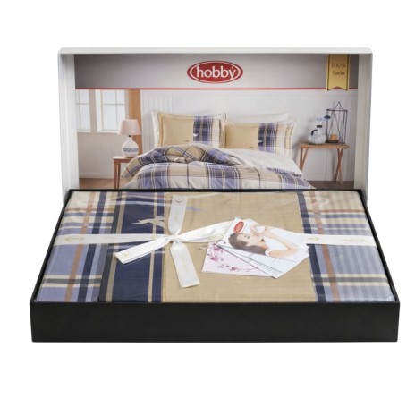 lenjerie pat satin bumbac 300TC Hobby Yolanda bej carouri eleganta