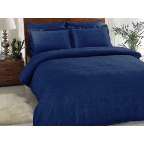 Lenjerie de pat albastru închis din satin cu detalii jacquard, model TAC Jakar Vision, realizată din bumbac 100% satinat.