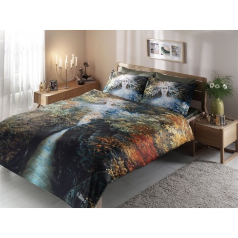 Lenjerie de pat din bumbac 100% satinat model Angel cu design artistic redând un peisaj natural cu un înger.