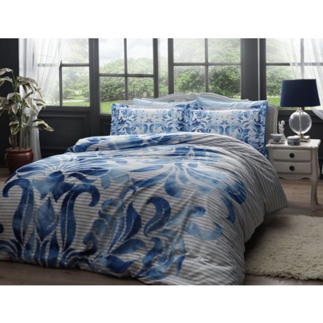 Lenjerie de pat din bumbac 100% satinat model Fabrice Albastru cu design floral și dungi în nuanțe de albastru și gri.