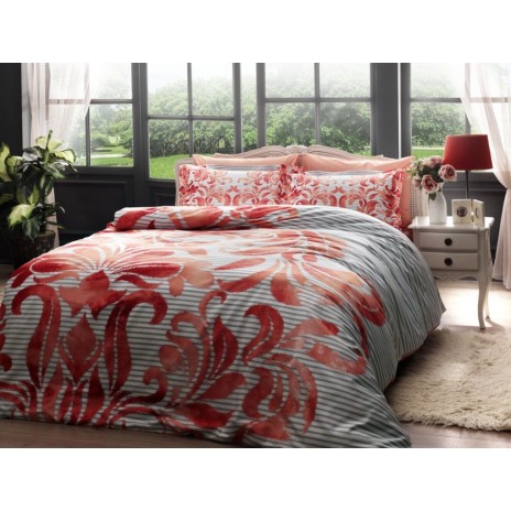 Lenjerie de pat din bumbac 100% satinat model Fabrice Roșu cu design floral și dungi în nuanțe de roșu și gri.