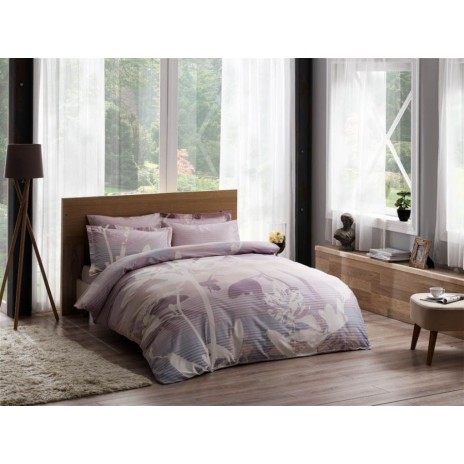 Lenjerie de pat din bumbac 100% satinat model Grisel Lila cu design floral și dungi în nuanțe de lila și gri.