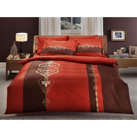 Lenjerie pat bumbac satinat, lenjerie TAC Moreno Taba, design elegant lenjerie pat, lenjerie pat maro portocaliu, lenjerie pat călduroasă