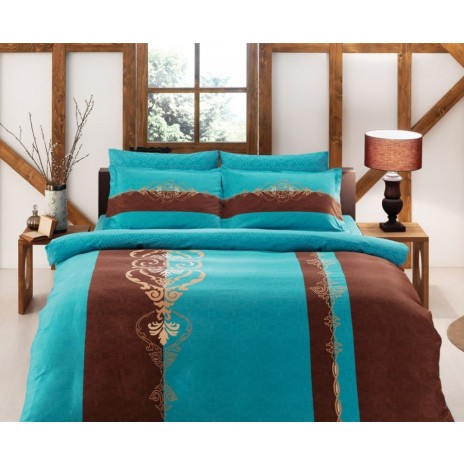 Lenjerie de pat din bumbac 100% satinat model Moreno Turcoaz cu design elegant în nuanțe de turcoaz și maro.