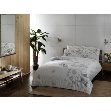 Lenjerie de pat din bumbac 100% satinat model Vanesa Gri cu design floral delicat în nuanțe de gri și alb.