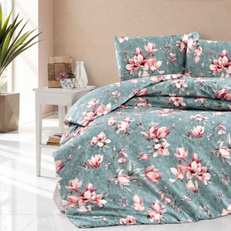 Lenjerie de pat verde cu magnolii roz Marea, bumbac 100%, 4 piese, cearșaf elastic, saltele 140x200 cm și 160x200 cm