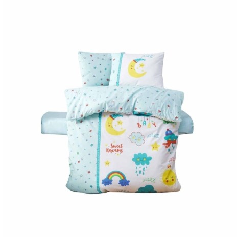 Set lenjerie pătuț Tatlı Menta Cotton Box din bumbac 100 % ranforce, imprimeu lună somnoroasă, nori și curcubeu pe fond mentă pastel
