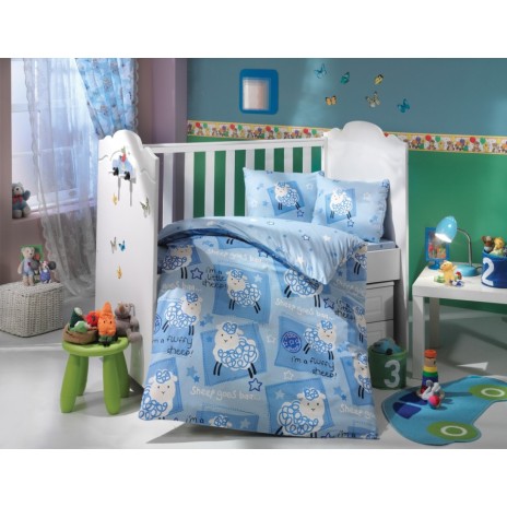 Lenjerie patut bebelusi bumbac 100% poplin, Hobby Home, Little Sheep Blue