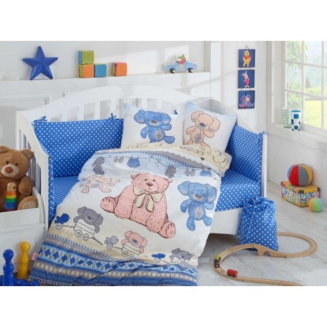 Lenjerie patut bebelusi bumbac 100% poplin, Hobby Home, Tombik Blue