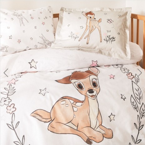 Lenjerie de pat pentru pătuț bebeluși, Disney Bambi Sweet, bumbac 100%, model cu Bambi și flori.